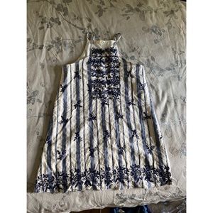 White and blue embroidered halter dress